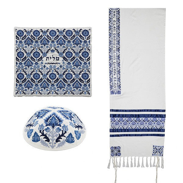 Fully Embroidered Antique Pattern Tallit Set in Blues