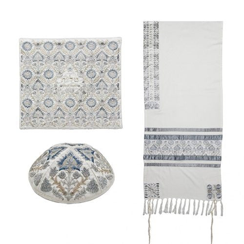 Fully Embroidered Antique Pattern Tallit Set in Grays
