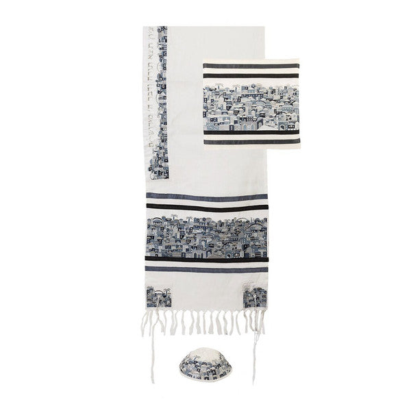 Copy of Embroidered Jerusalem Tallit Set in Black and Gray