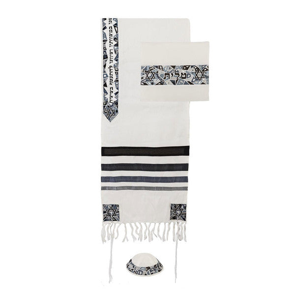 Embroidered Mosaic Tallit Set in Black and Gray