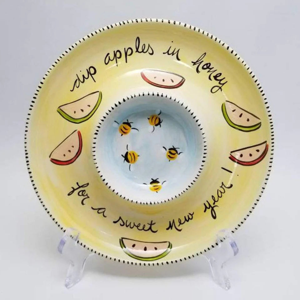 Handpainted ceramic apple and honey dish