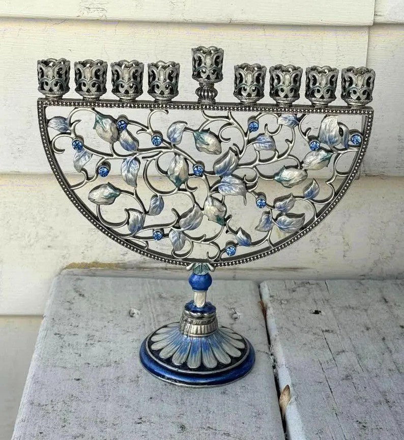 Blue and White Enamel Menorah Tulip and Leaf Menorah