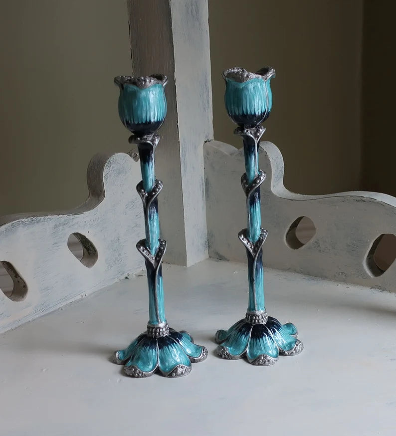 Kim Navy and Turquoise Enamel Candlesticks