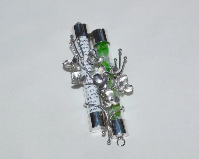 Sterling Silver Double Tube Wedding Glass Mezuzah With Flowers