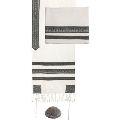 Embroidered Striped Tallit Set in Gray