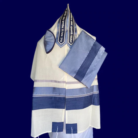 Shade of Blues and Gray Fabric on Wool Tallit Set
