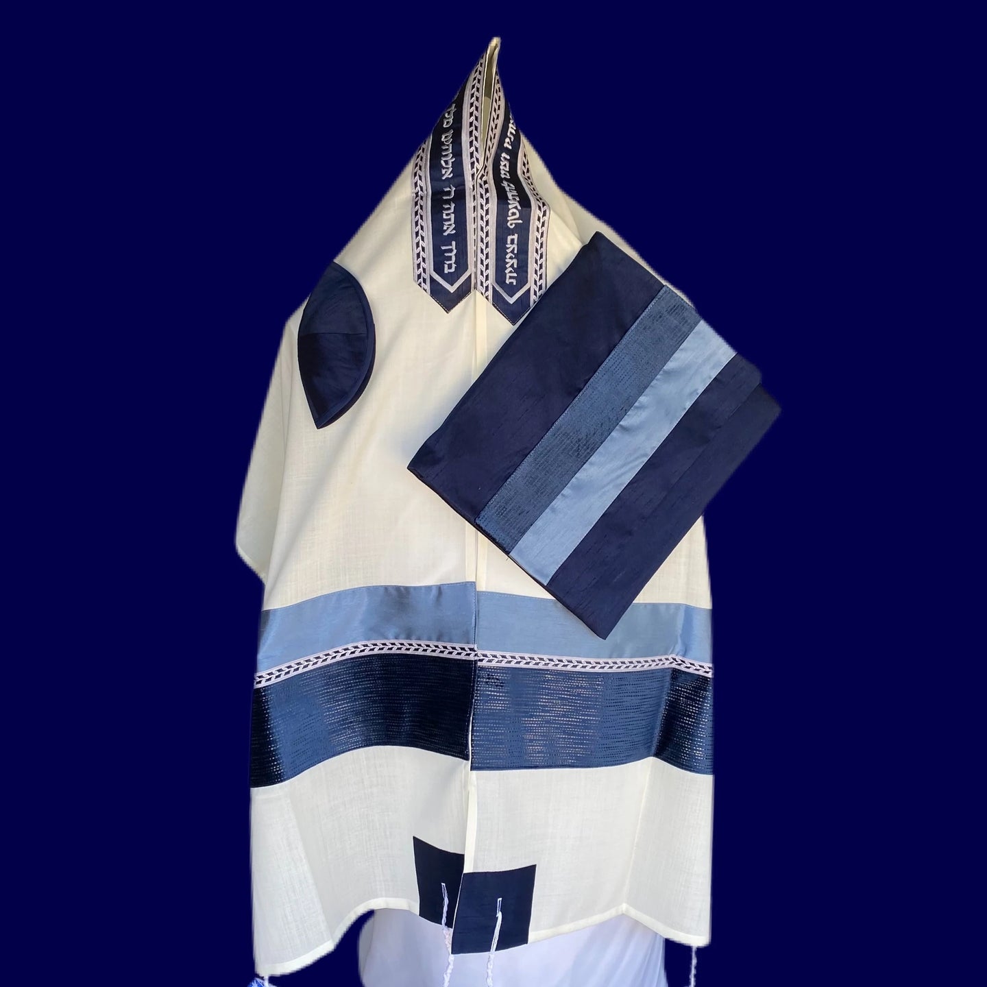 Navy and Blue-Gray Fabric on Wool Tallit Set
