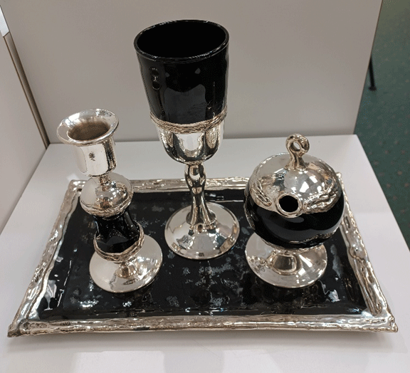 Handblown Glass And Silver Havdala Set with silver-rimmed tray